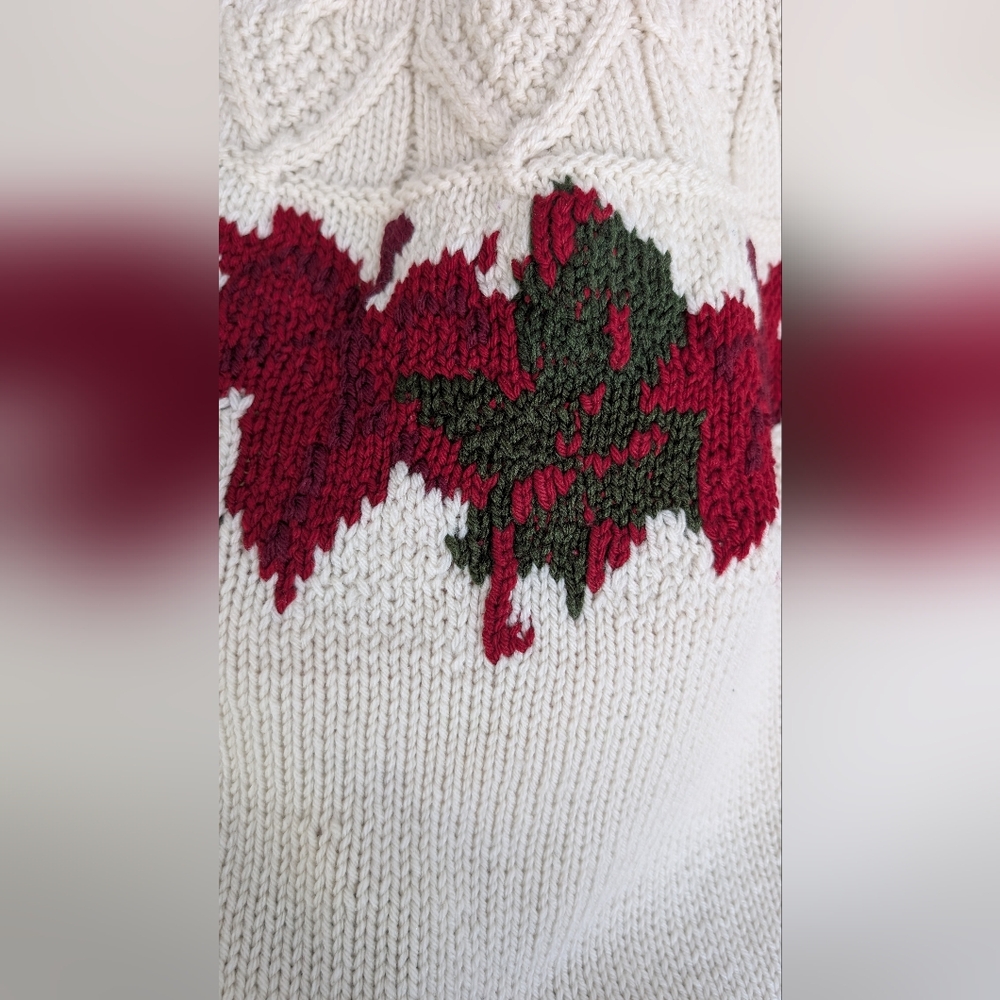 Handmade Knit Sweater, Cream w Red & Green Leaves, Crewneck Pullover Sweater - Picture 6 of 14